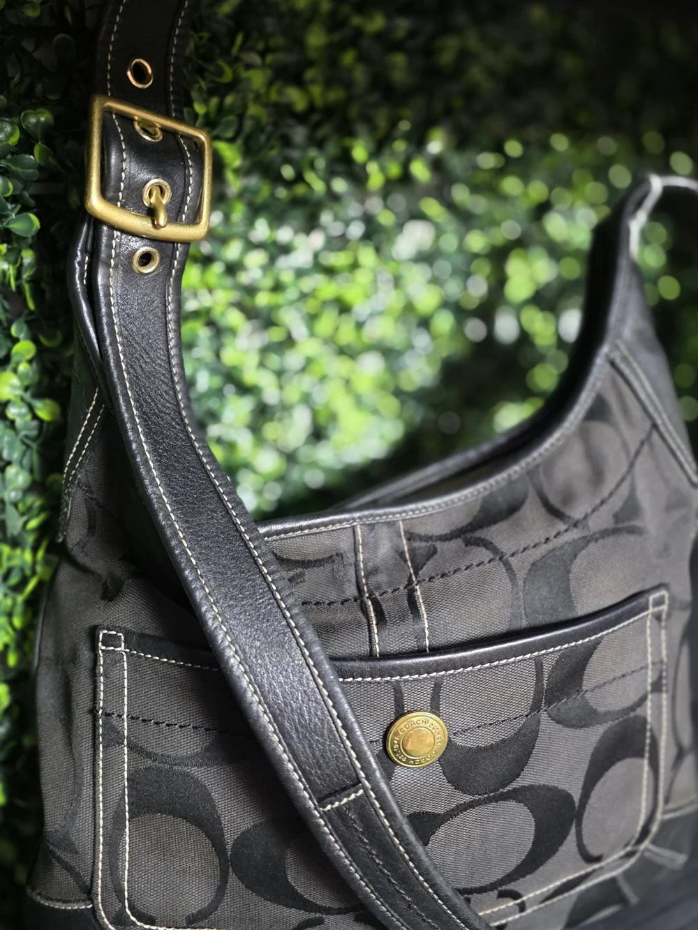 Vintage Coach Black Signature C Jacquard Hobo Shoulder Bag Leather Trim 10768